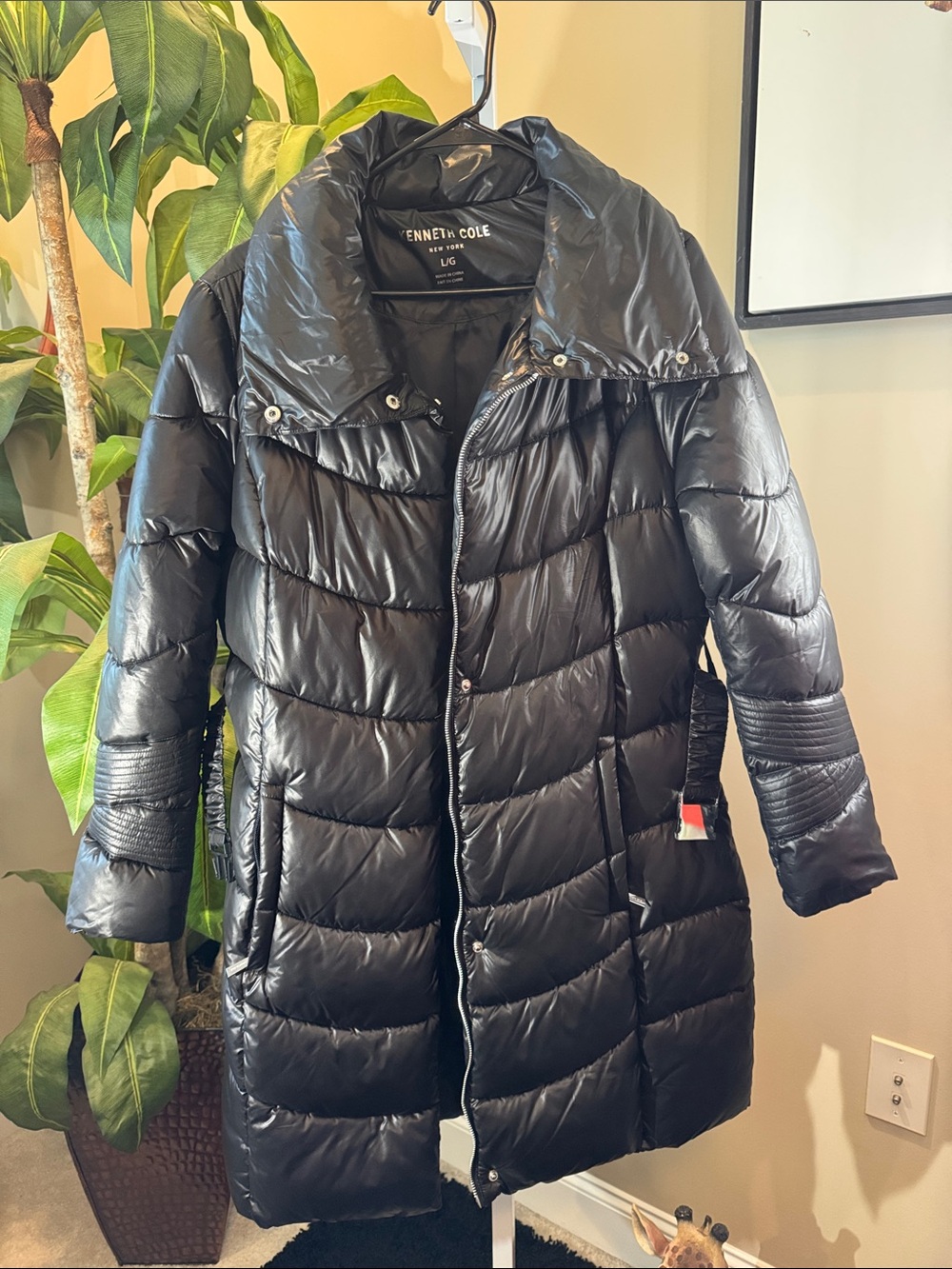 Women’s Kenneth Cole Shiny Black Long Quilted Puffer Coat size L
